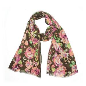 Vera Bradley Brown Floral Scarf Lightweight Oblong Wrap Fringe Edge Accent 28X78